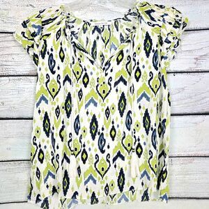 Rose + Olive Ikat Print Tassel Blouse Rayon M